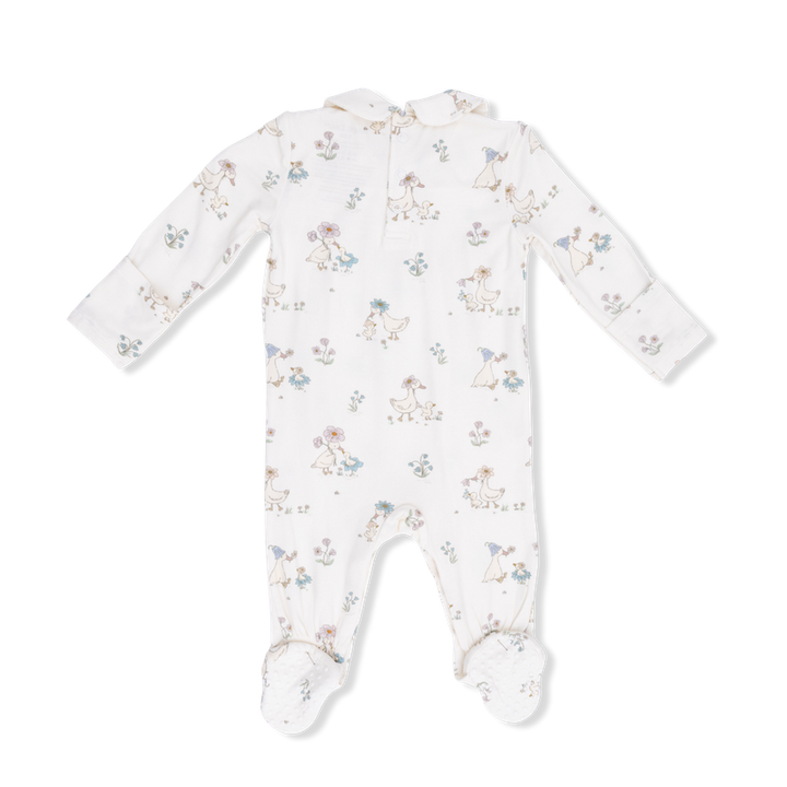 back of Baby onesie with a floral duck pattern on a white background