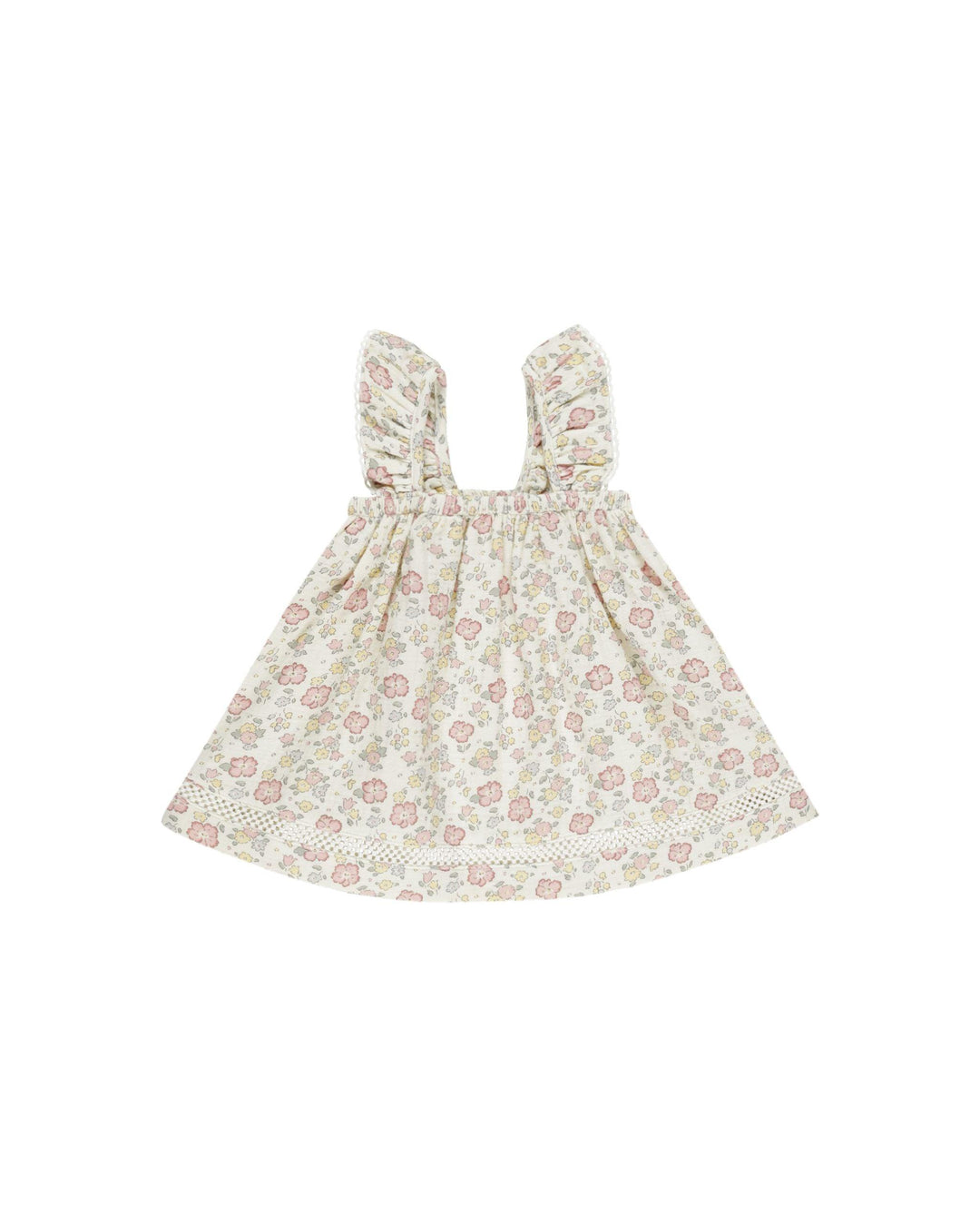 ruffled tank dress with lace lattice trim along the bottom. pastel floral print throughout the bodice 
