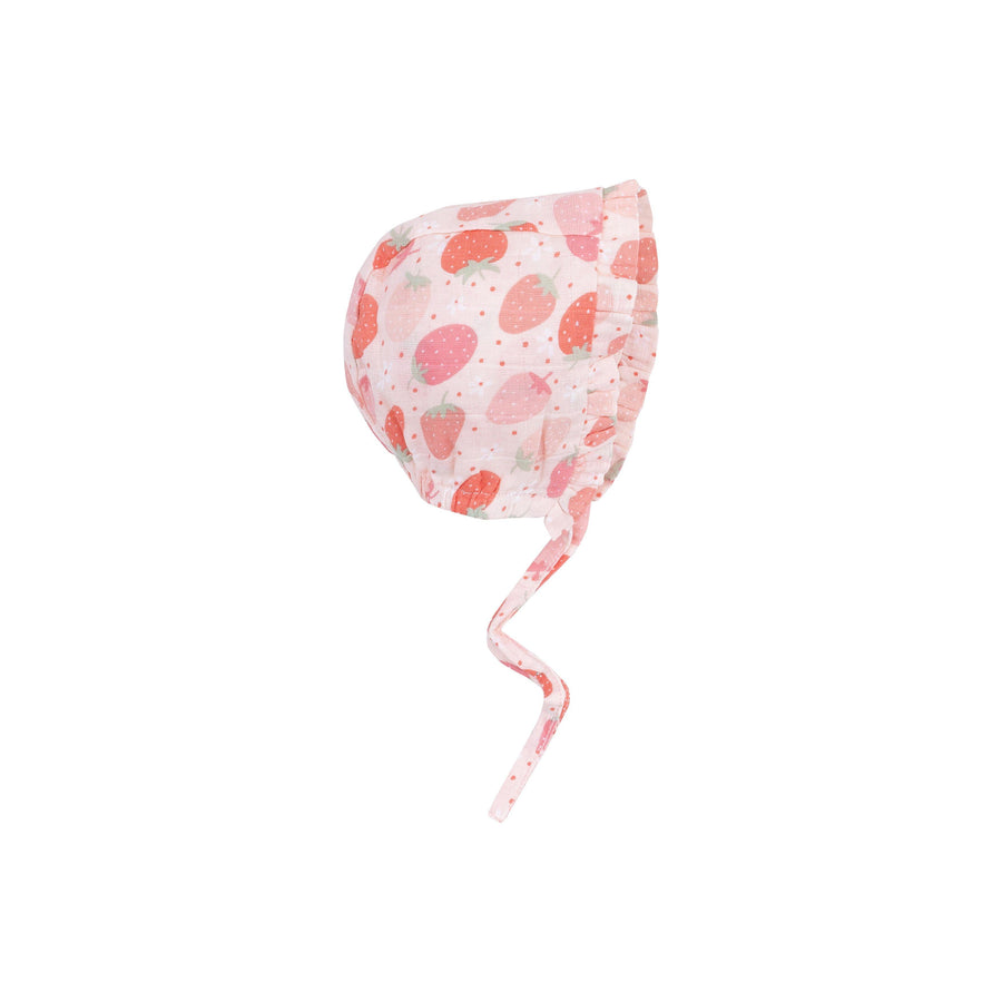 pink baby bonnet with ruffle arounds the efge and red and pink strawberries all over. 