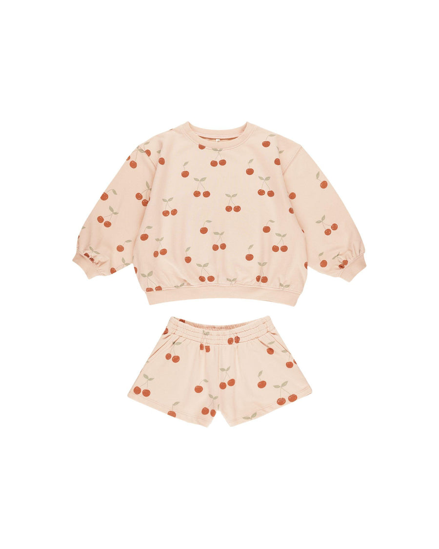 summer terry set with beige/pink color and red cherries  all over print: sweatshirt and shorts 