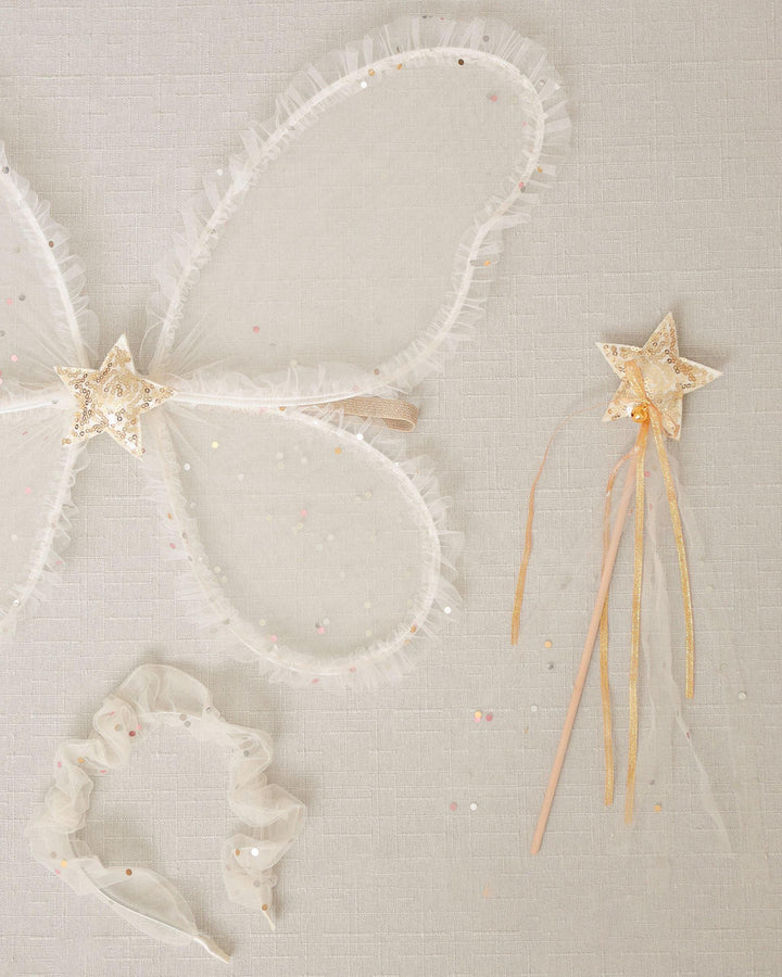 Butterfly wings with a star center and a star wand with beige/gold star on top of the wand. 