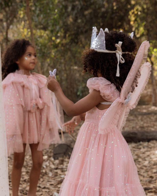 Two young girls in pink dresses with fairy wings and crowns standing outdoors.