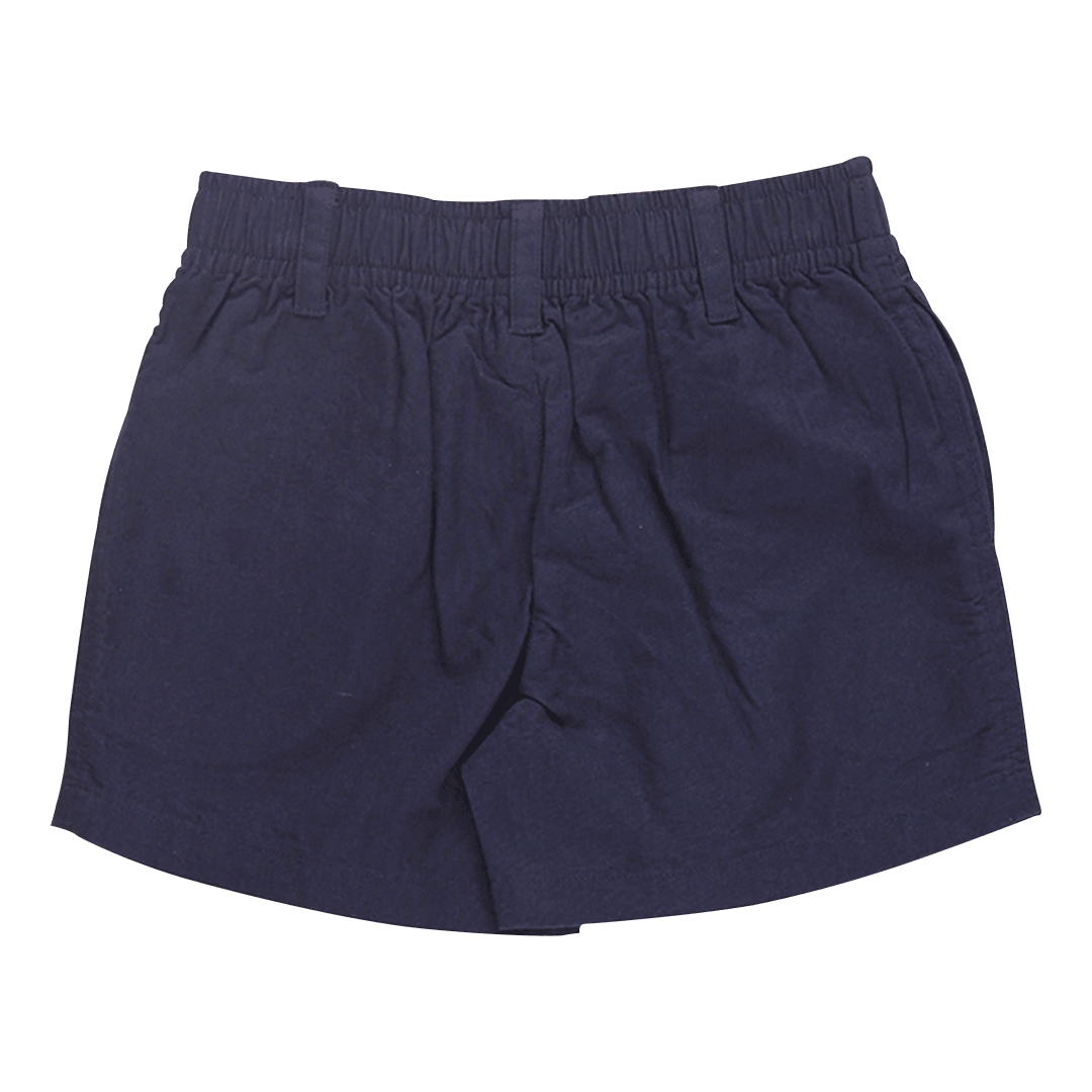 back of the navy chino style shorts with 3 belt loops at the top and an elastic waist band