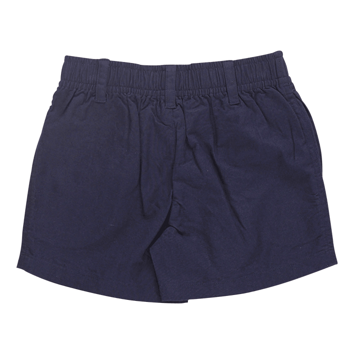 back of the navy chino style shorts with 3 belt loops at the top and an elastic waist band