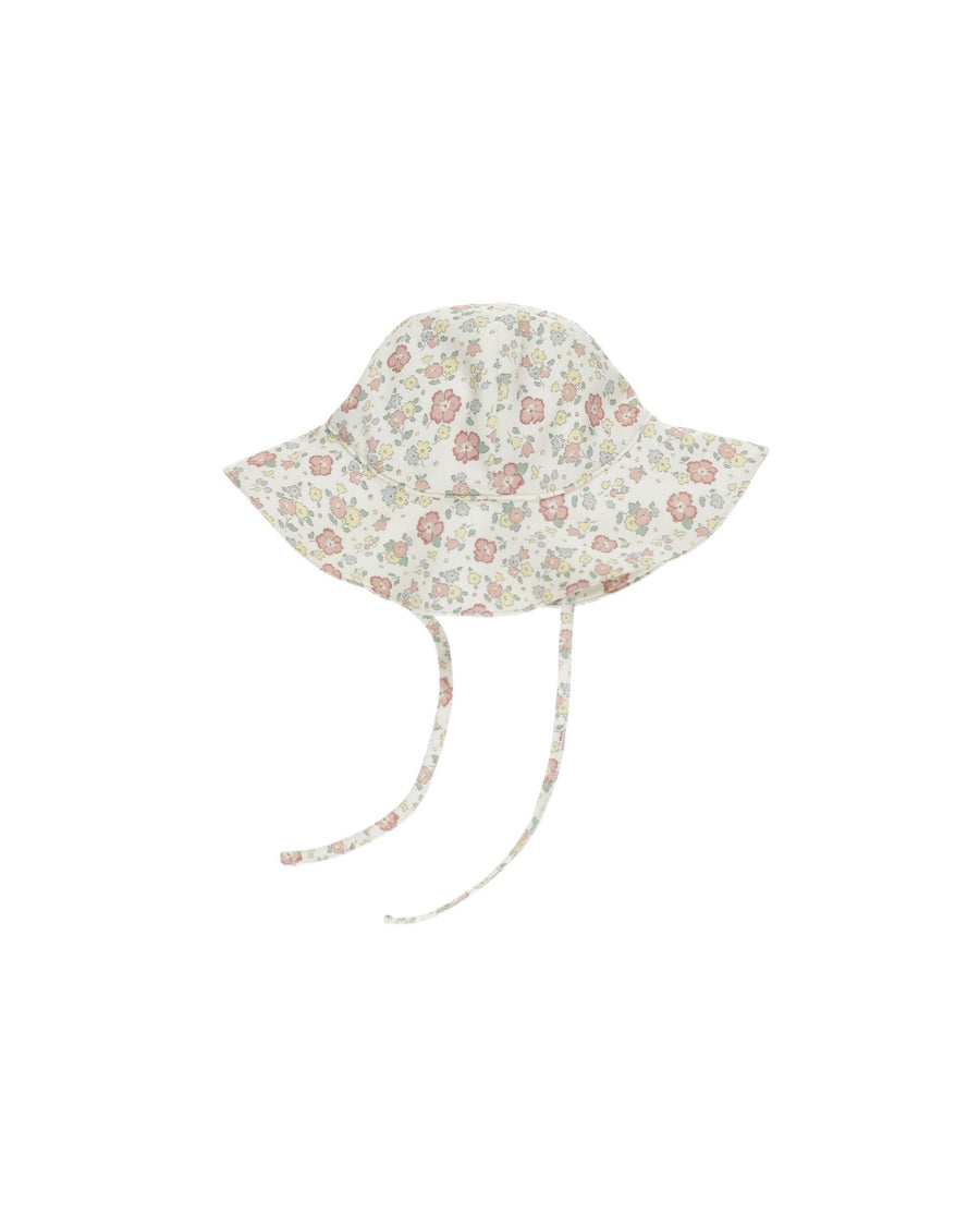 baby girl sun hat with pastel floral print. 