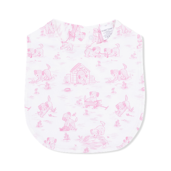 Baby bib with pink floral puppy on a white background