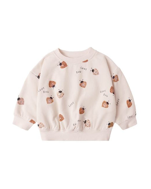 Beige sweatshirt with love bug prints on a white background