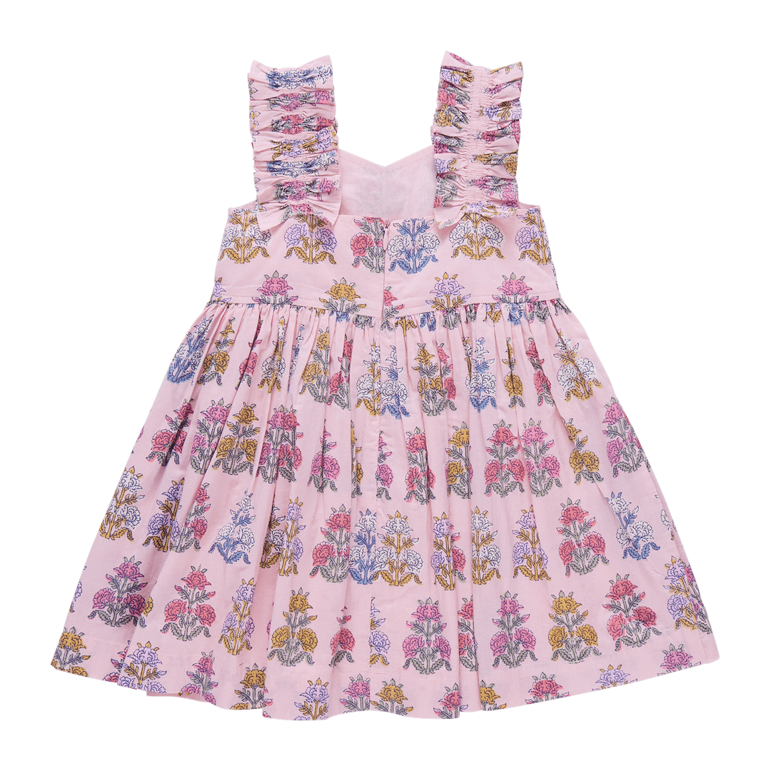 back of pink dress with gathering on the sleeves going from front to back and a zipper closure. 