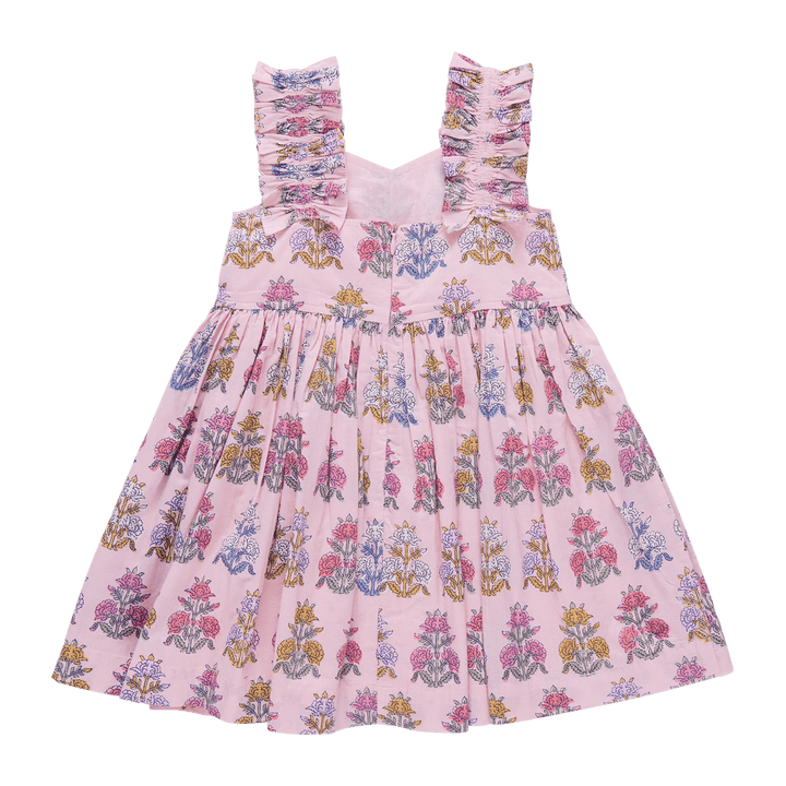 back of pink dress with gathering on the sleeves going from front to back and a zipper closure. 