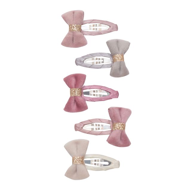 Set of six hair clips with bow designs on a white background