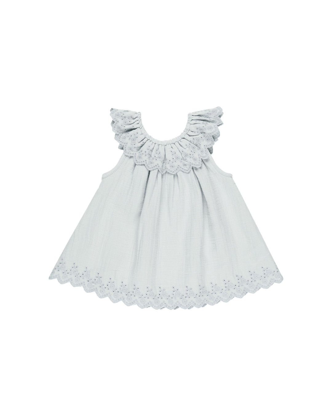 light blue dress with eyelet collar and eyelet bottom. 