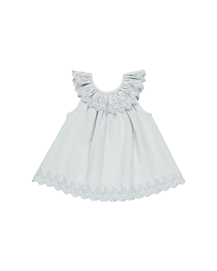 light blue dress with eyelet collar and eyelet bottom. 