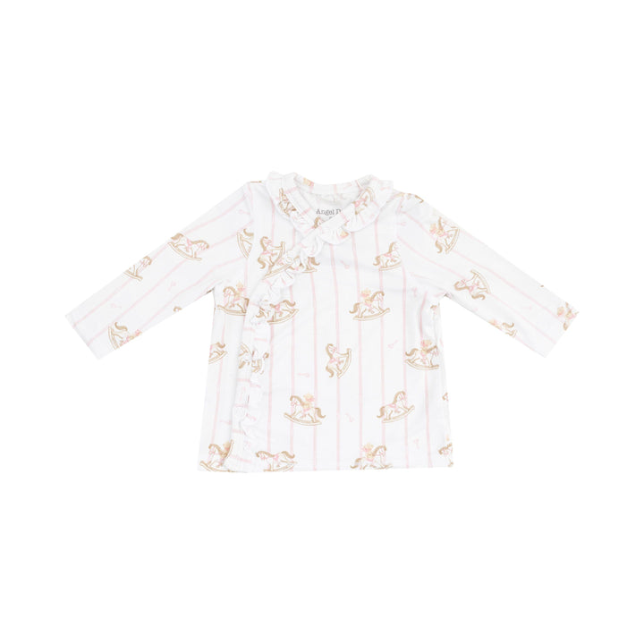 picture of take home top on its own with snap closure and ruffle along the snaps. pink pinstripes and rocking horses pattern. 