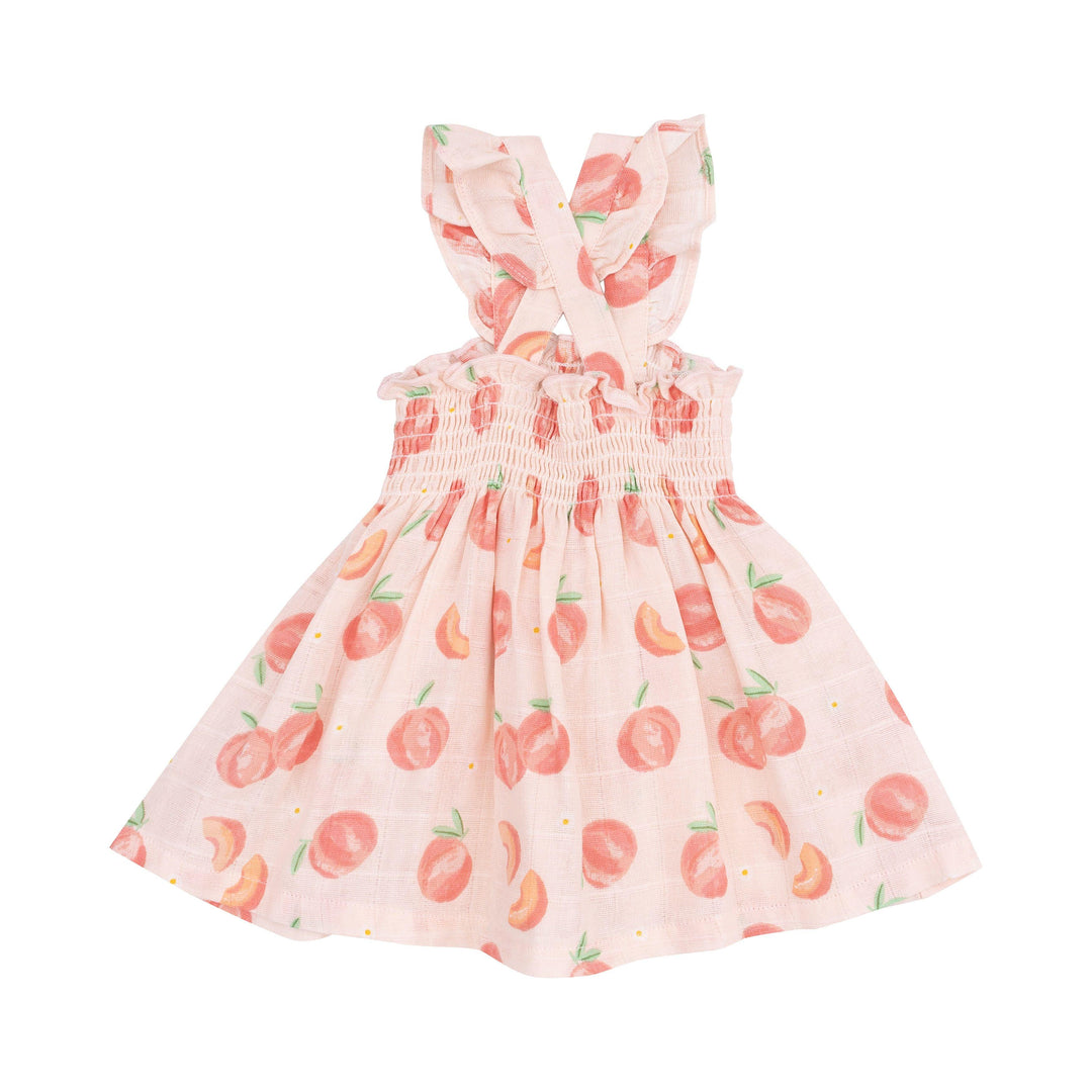 smocked sundress with ruffle at the bottom and peaches all over. 