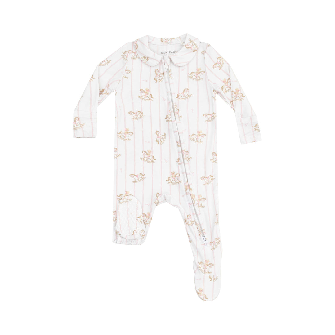baby girl footie with peter pan collar. white base with pink pinstripes with vintage rocking horses all over the footie. 