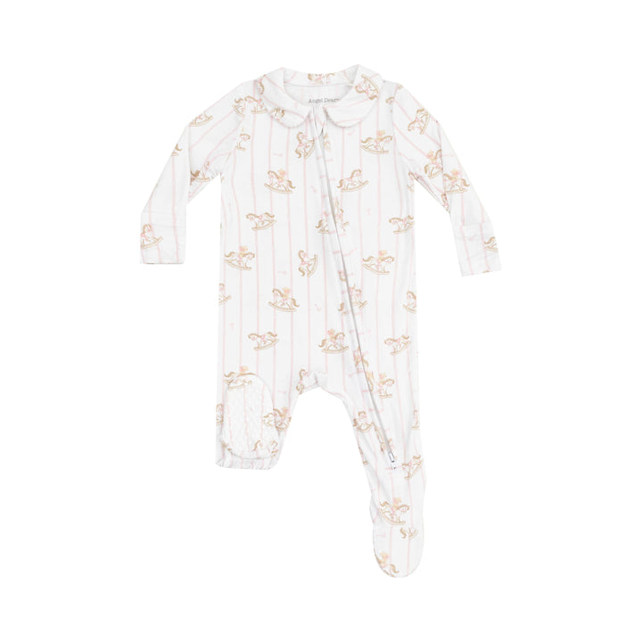 baby girl footie with peter pan collar. white base with pink pinstripes with vintage rocking horses all over the footie. 