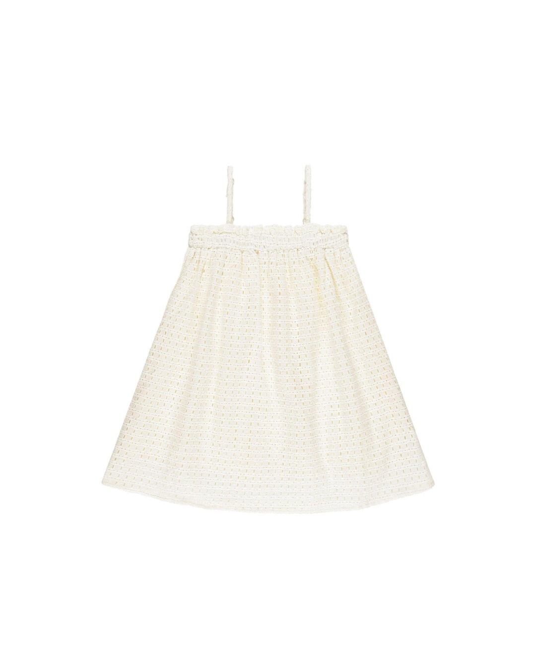 ivory girls dress with spaghetti straps and vertical eyelet design. 