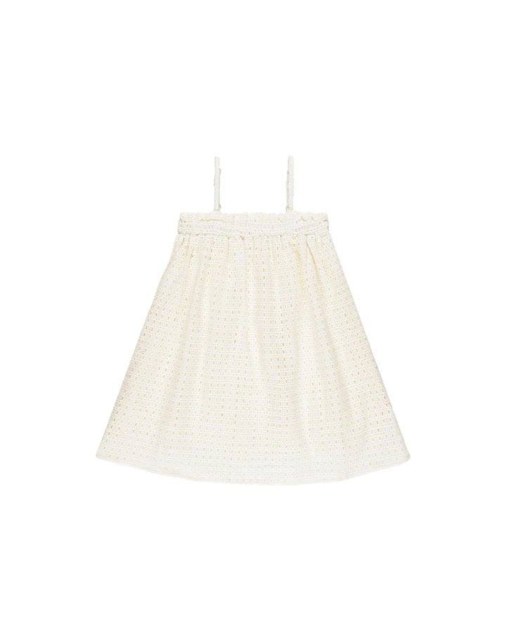 ivory girls dress with spaghetti straps and vertical eyelet design. 
