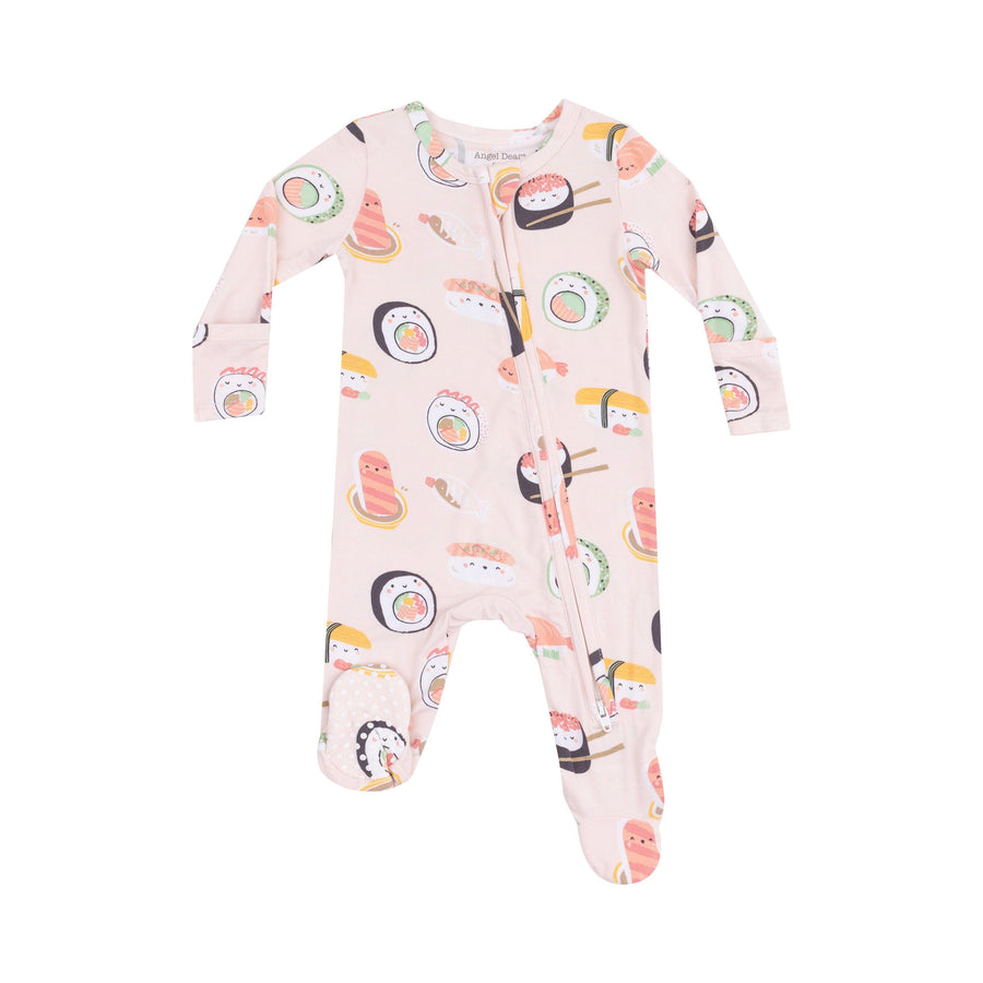 light pink baby footie with sushi print all over the footie. the sushi has faces on it and are smiling. 