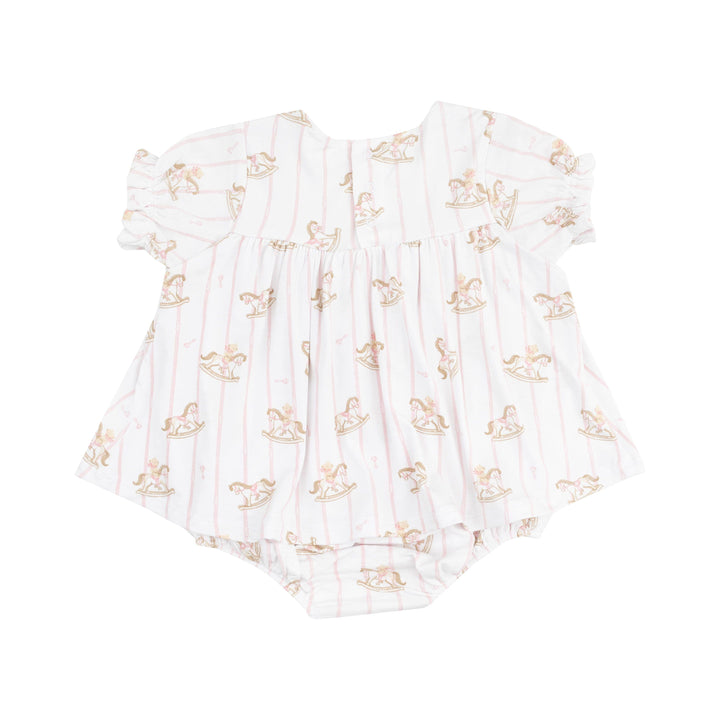 back of white dress/bubble outfit, short sleeves white color with pink pinstripes and rocking horses printed on it. 