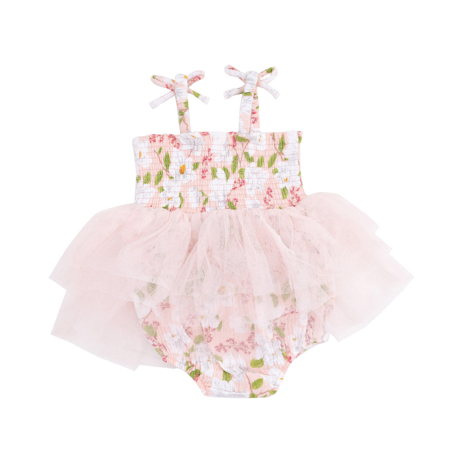 pink and white magnolia print on a smocked bubble with pink tutu skirt. 