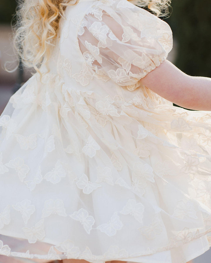 close up of the fabric with the butterlfies on it and all of the movement in the skirt. and sheer puff sleeve