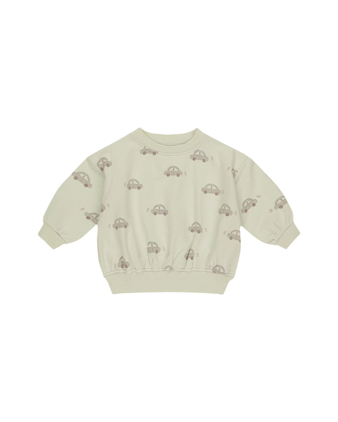 pistacio colored sweatshirt with a car print, long sleeves and crewneck. 