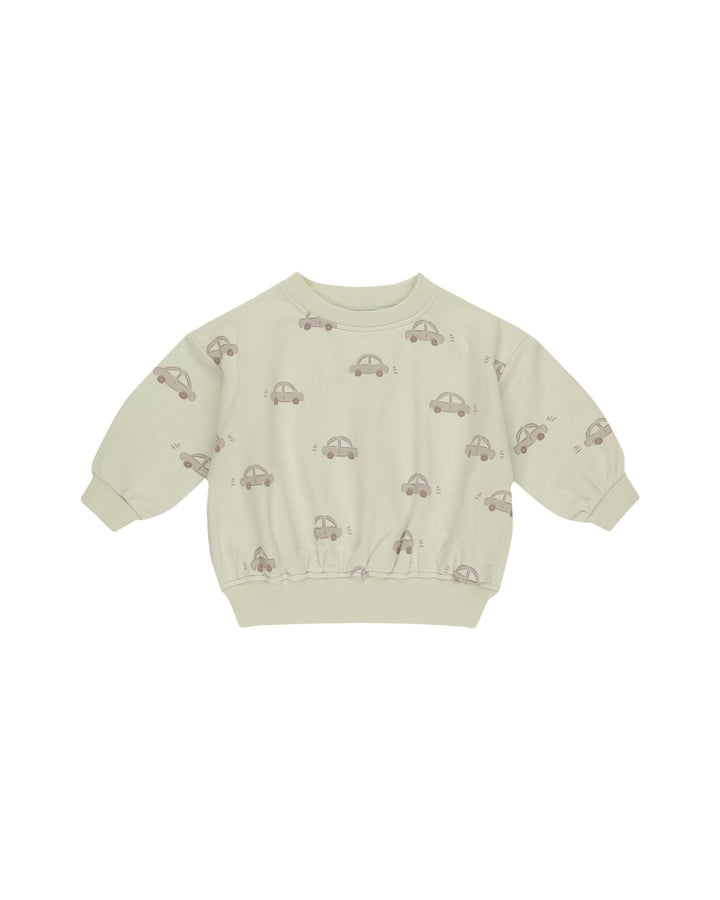 pistacio colored sweatshirt with a car print, long sleeves and crewneck. 