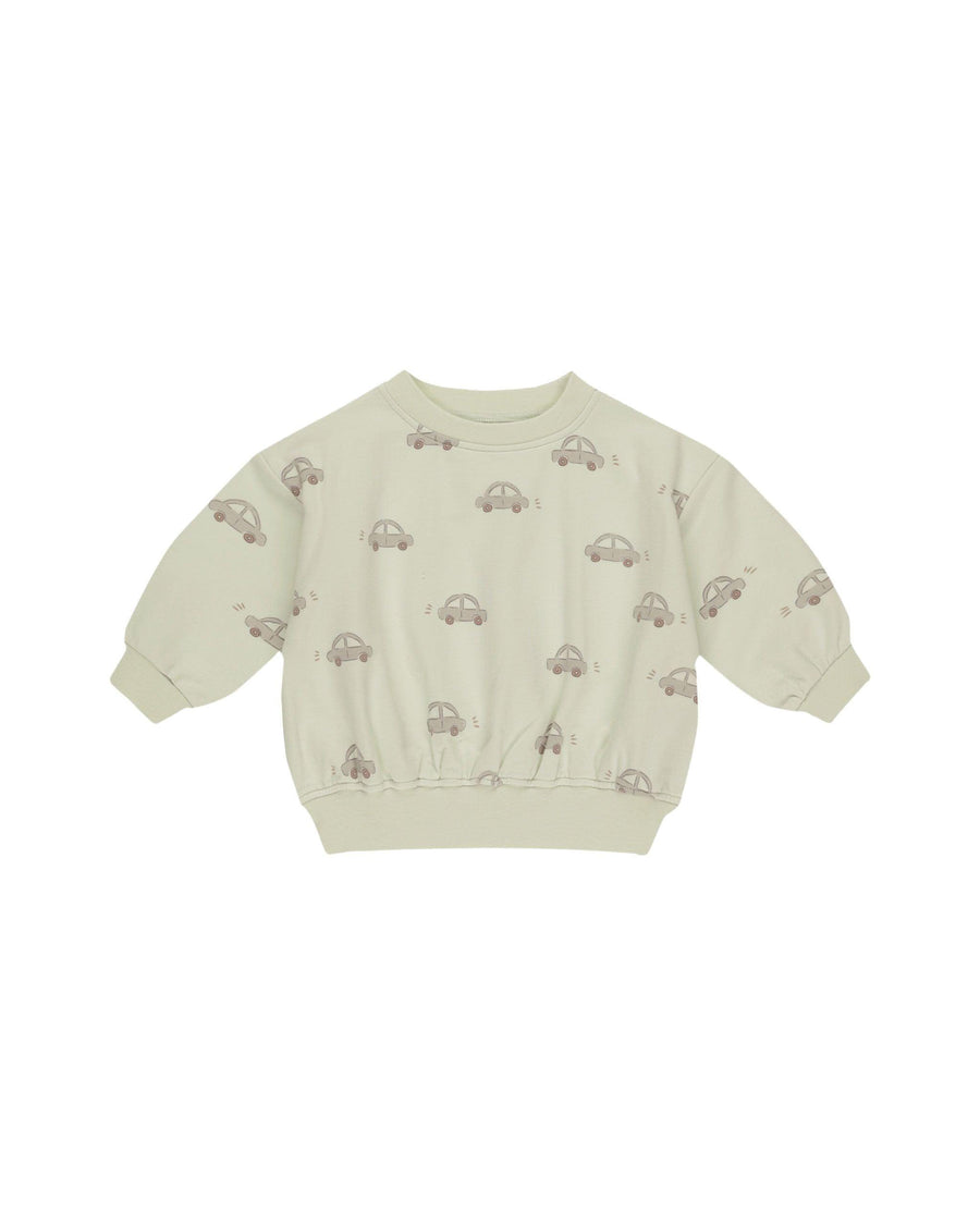 pistacio colored sweatshirt with a car print, long sleeves and crewneck. 