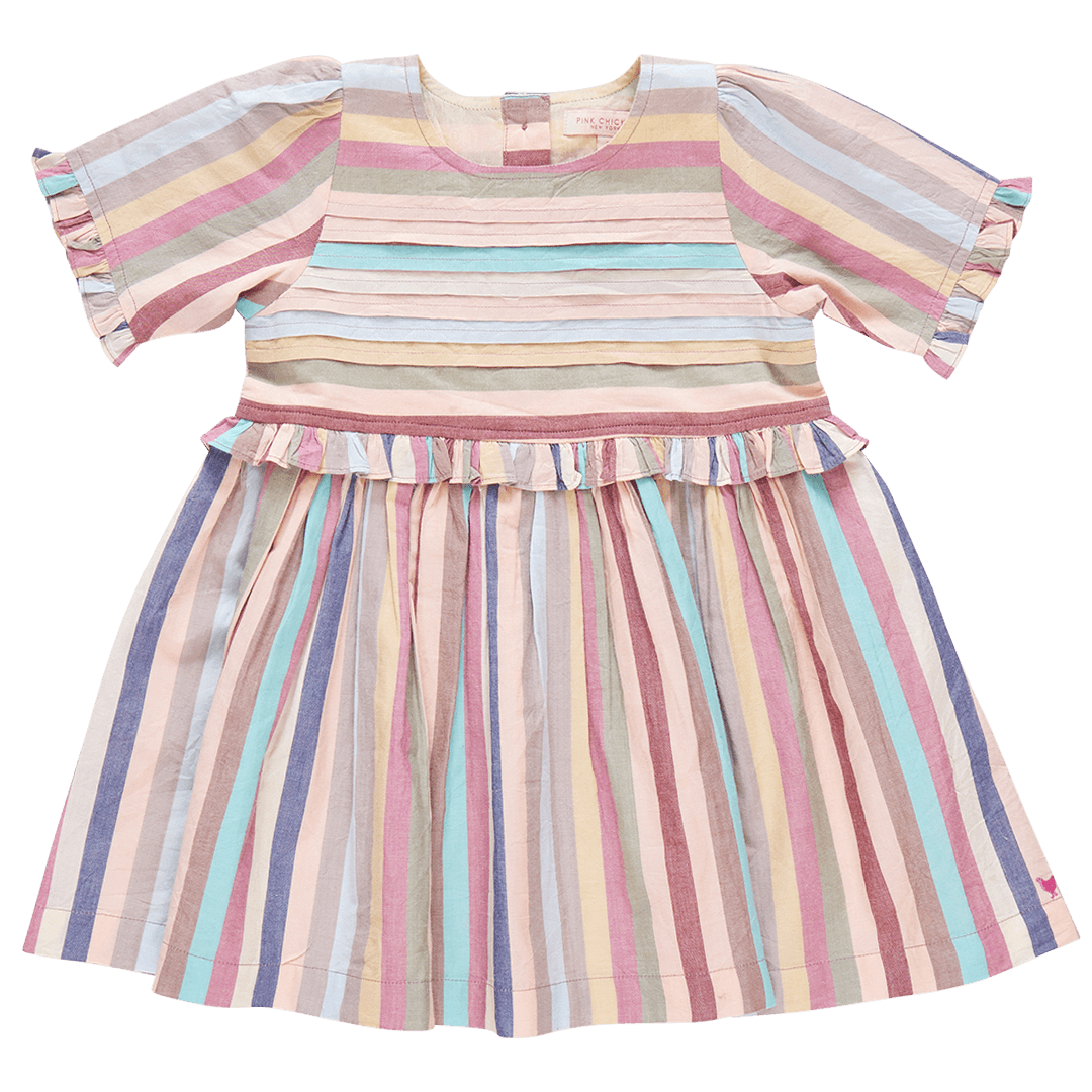 muted pastel striped dress with pleats across the chest and ruffles at the sleeves