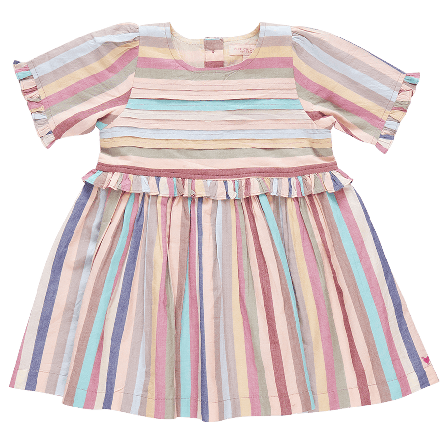 muted pastel striped dress with pleats across the chest and ruffles at the sleeves