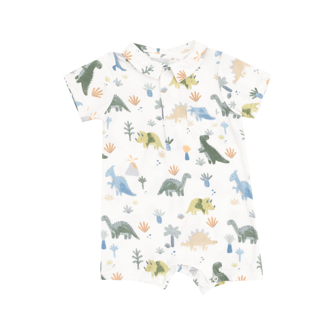 baby polo shortie romper with soft colored dinosaurs all over the romper. 