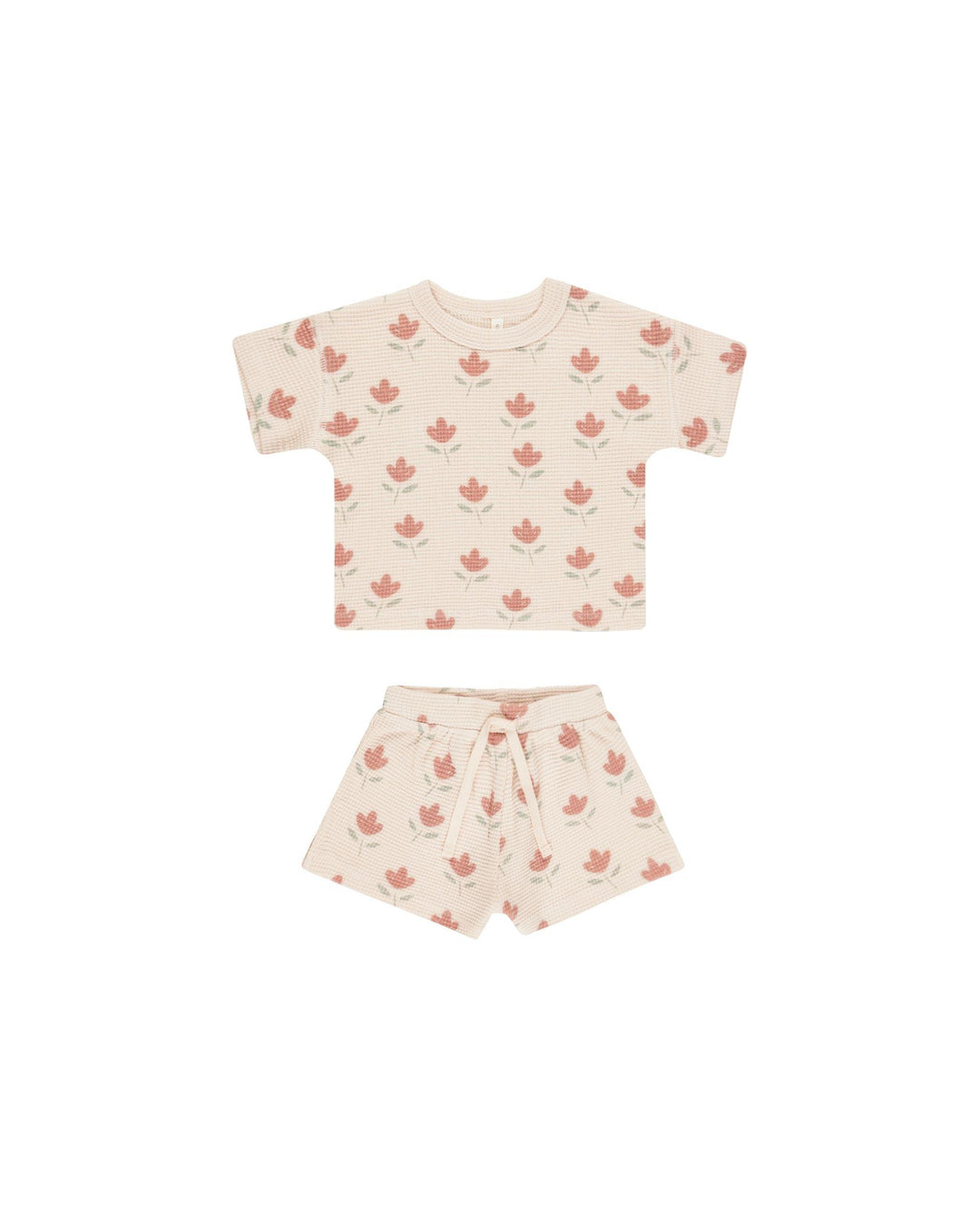 beige waffle set with our coral tulips printed all over. short sleeve top and drawstring shorts. 