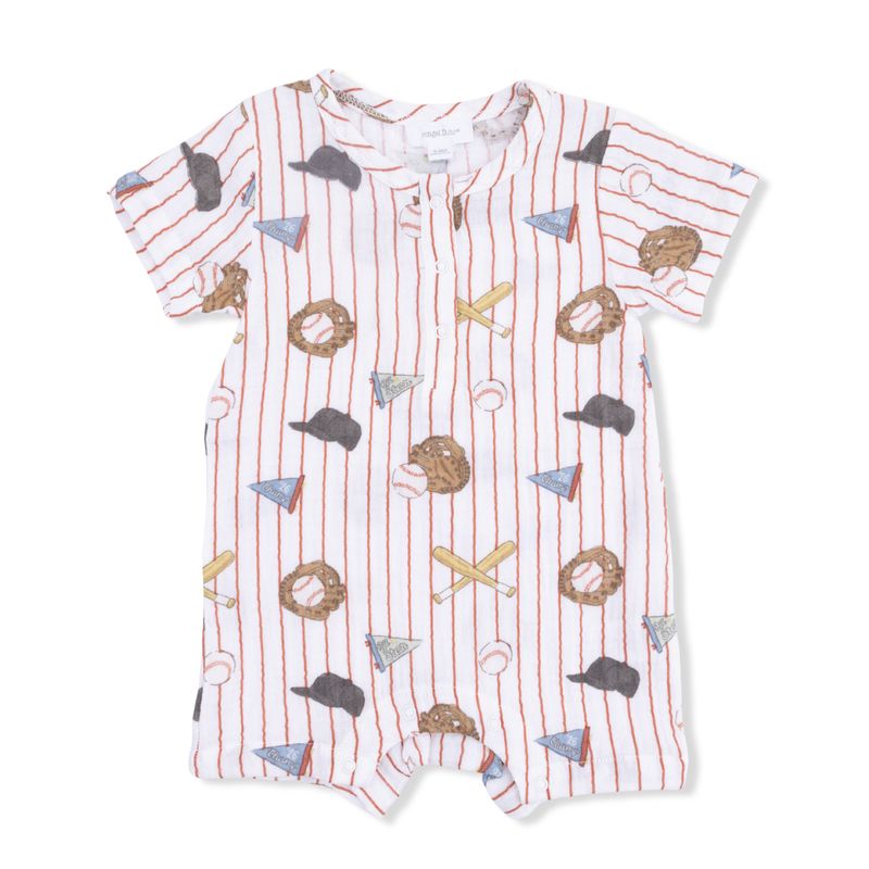 Baby romper with baseball-themed pattern on a white background