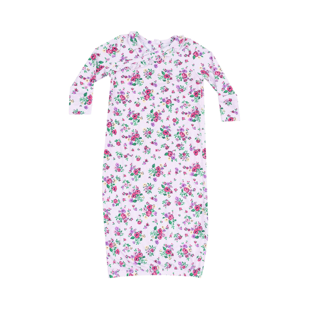 baby girl kimono gown with tiny red and purple flowers all over. 