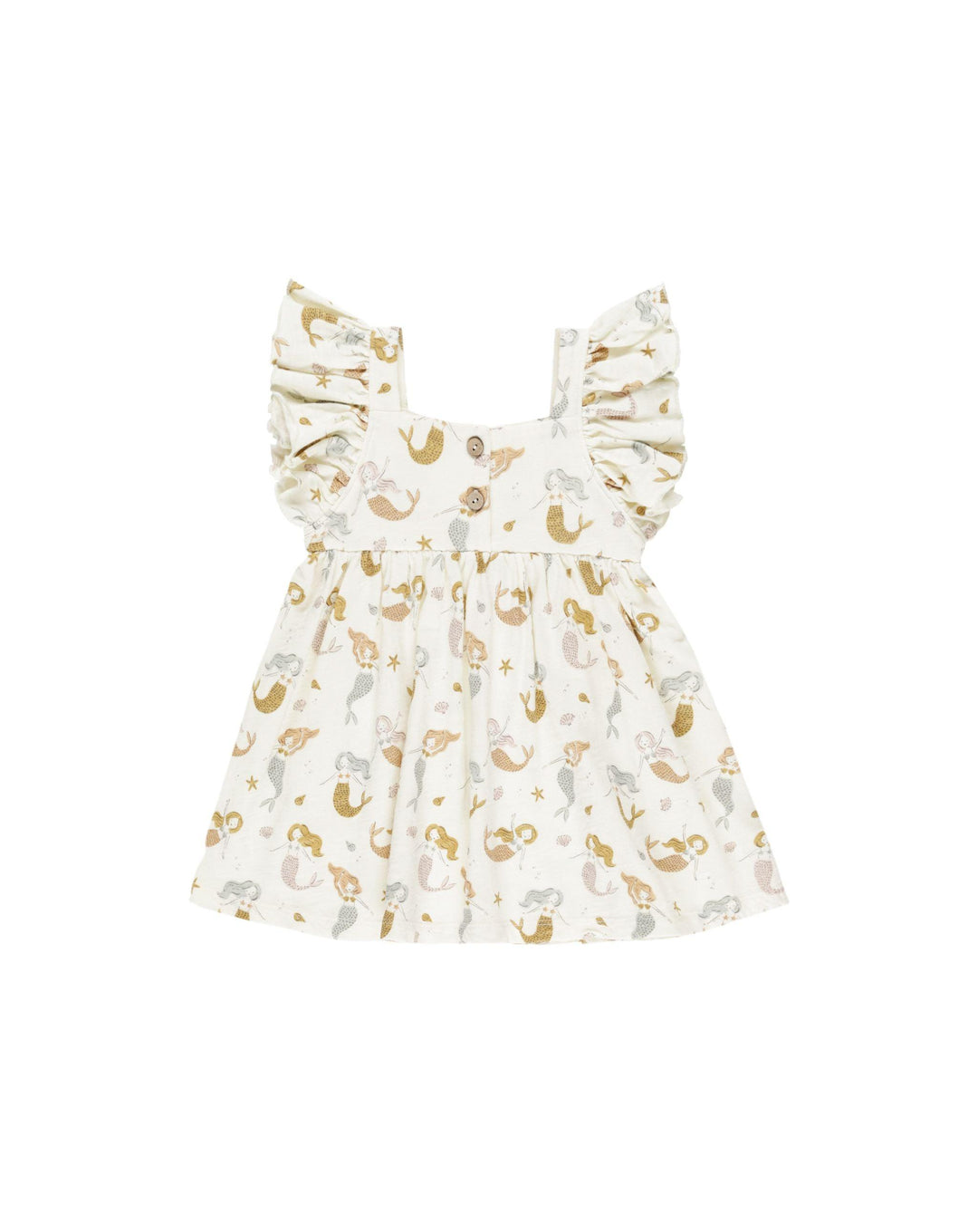 the back of the dress with two small buttons on the top of the dress. ruffles at the sleeves. sleeveless dress. knee length. mermaids all over in gold, beige and ice blue