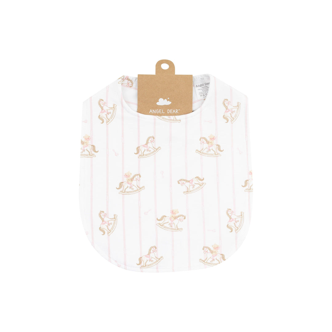 baby girl bib with pink pinstripes and white base. rocking horses all over the bib