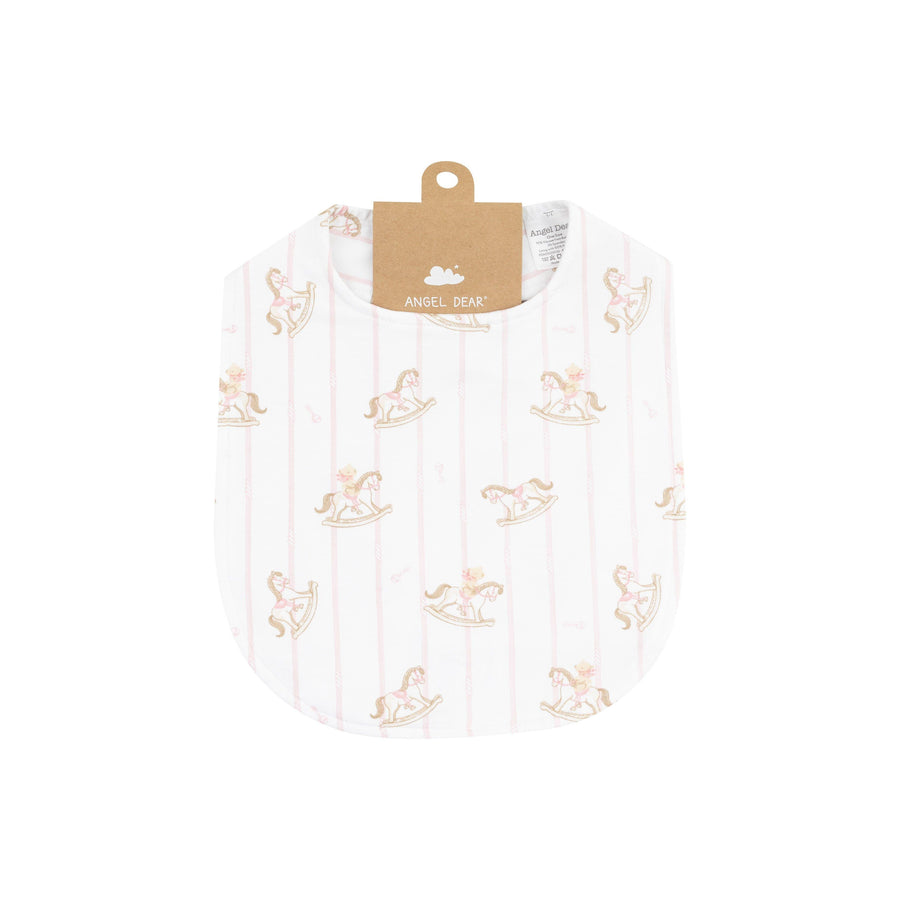baby girl bib with pink pinstripes and white base. rocking horses all over the bib