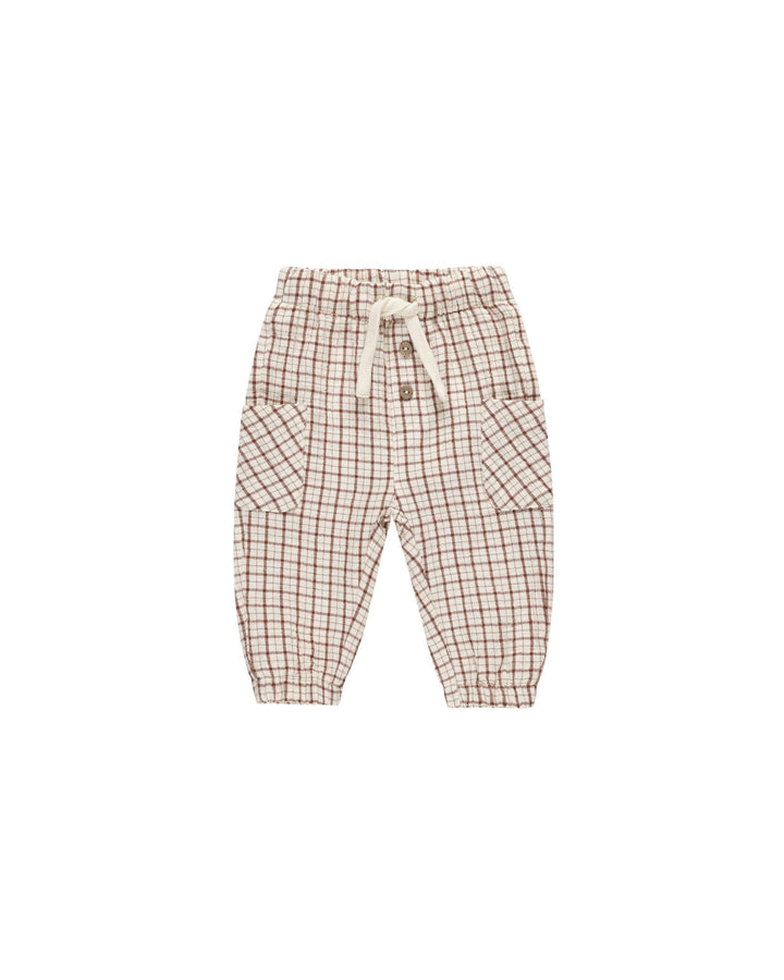 cotton baby cargo pants with beige coloring and burgundy checks all over. 