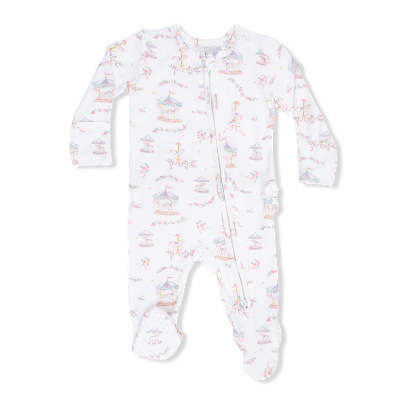 Baby onesie with carousel pattern on a white background