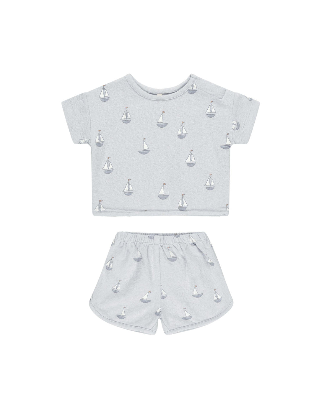 light blue/gray 2 piece cotton set with small blue and white sail boats all over. short sleeve tops and shorts. 