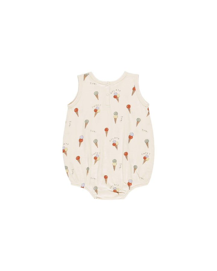 beige baby bubble with tiny retro looking ice cream cones all over it 