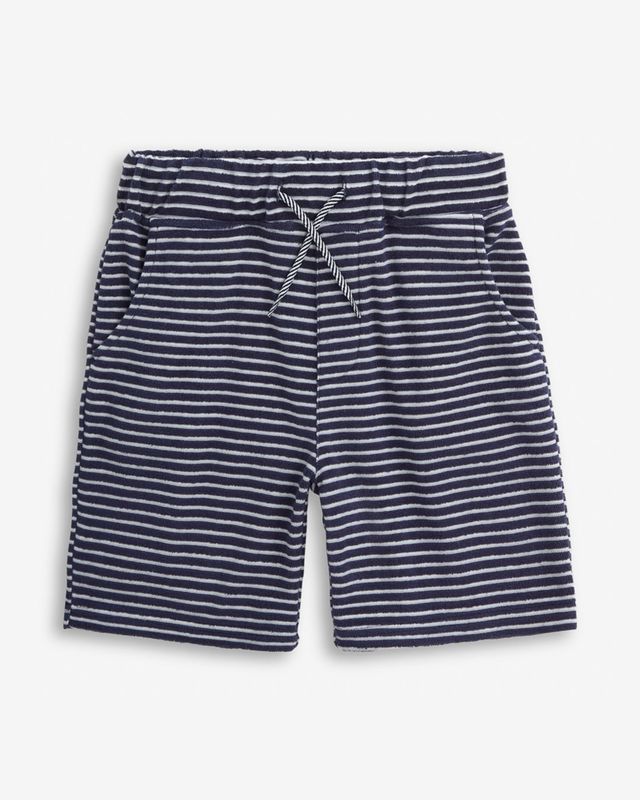 Navy and white striped shorts on a light gray background