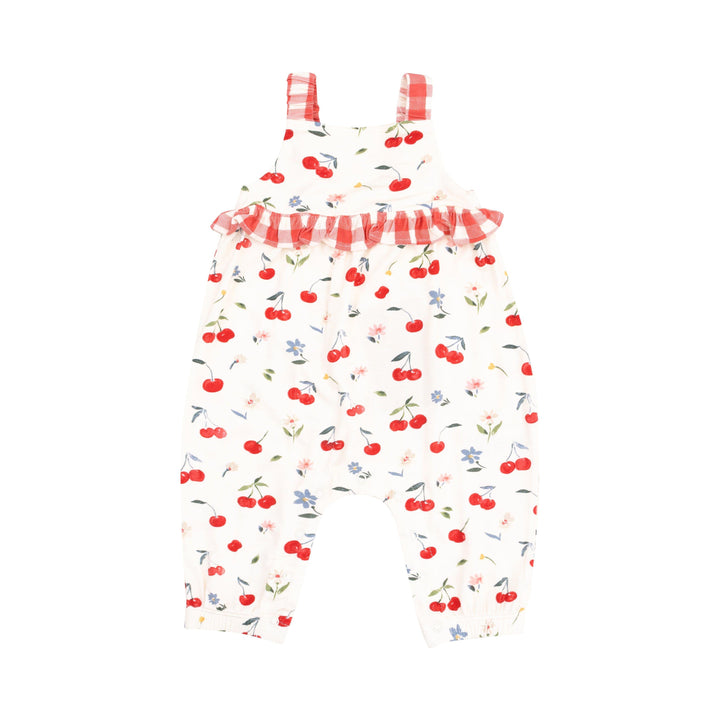 baby girl romper with watercolor cherries all over and red and white gingham straps. 