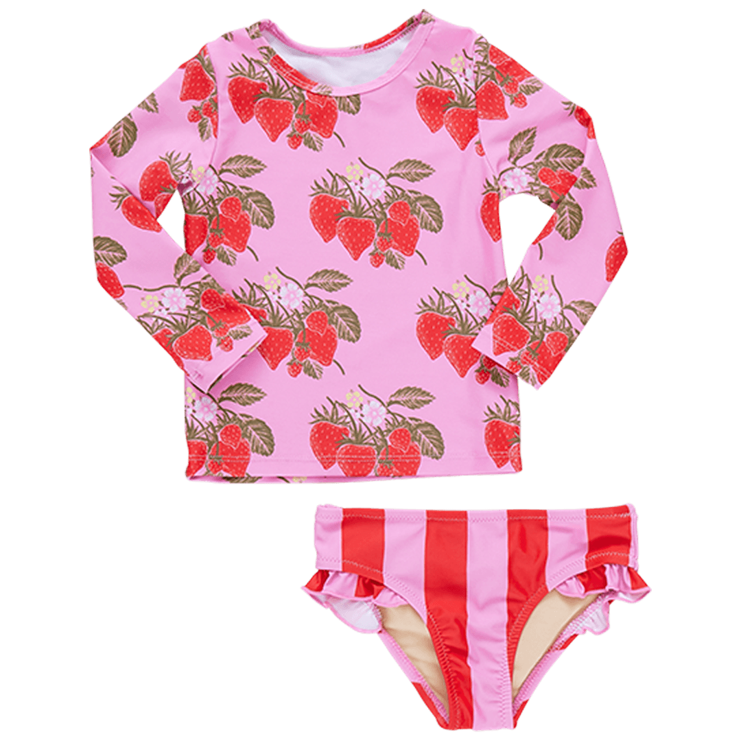 two piece rashguard set, top is long sleeve pink with red strawberries on it and the bottoms are pink and red striped. 