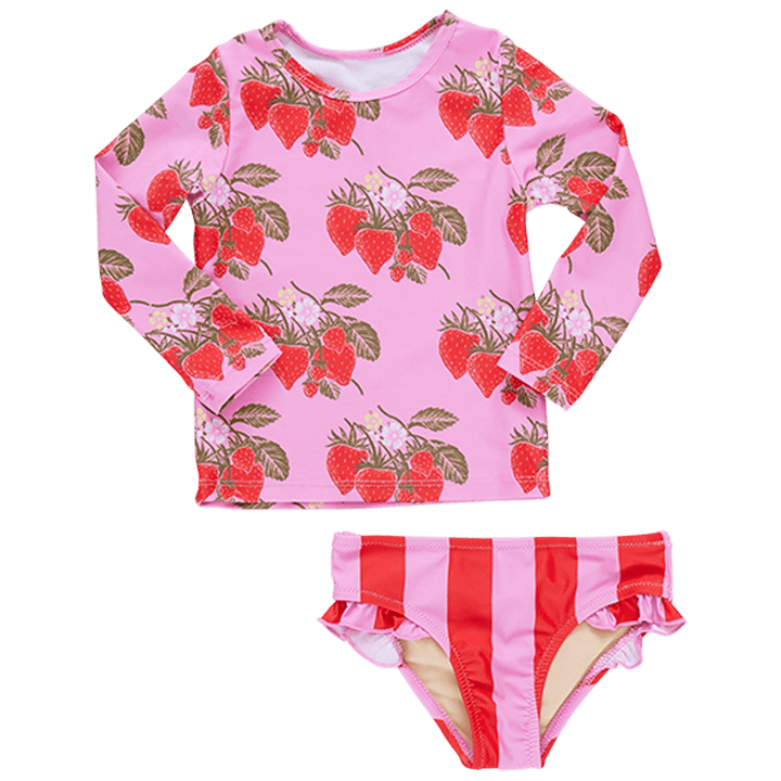 two piece rashguard set, top is long sleeve pink with red strawberries on it and the bottoms are pink and red striped. 