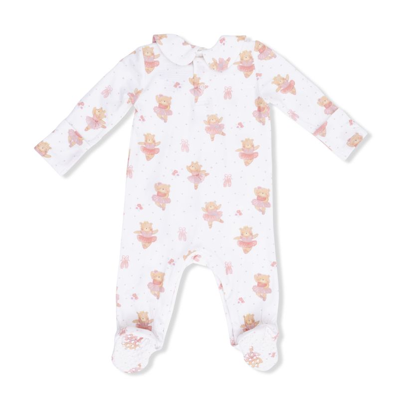 Baby onesie with teddy bear dressed as a ballerina pattern on a white background
