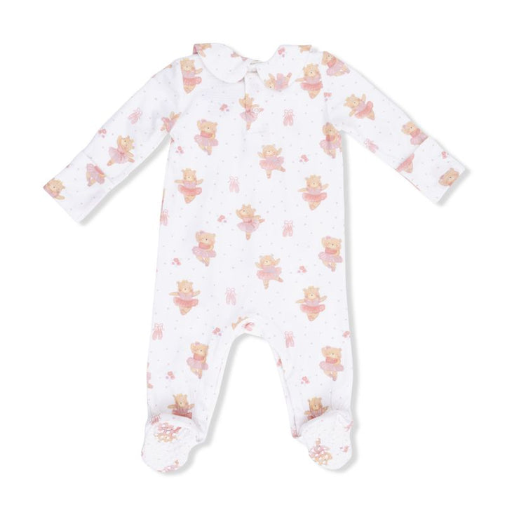 Baby onesie with teddy bear dressed as a ballerina pattern on a white background