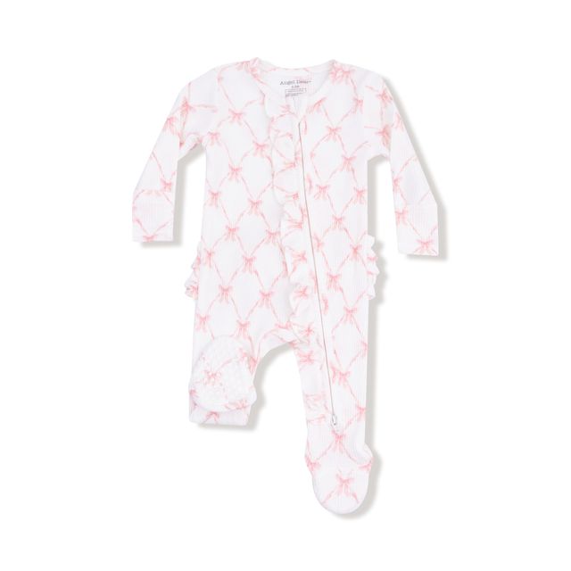 Baby onesie with pink trellis design and small coquette bows throughout the footie. 