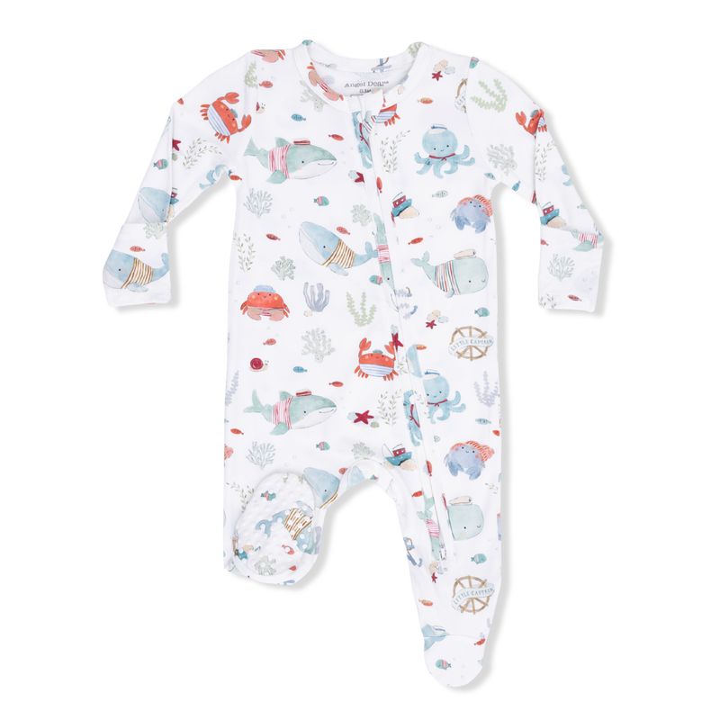 Baby onesie with sea creature pattern on a white background
